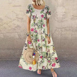 DEANWAQNGKT  Women's New Cross-Border  plus Size Women's Vintage Cotton and Linen Floral Print Summer Short Sleeve Dress