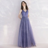 Solvbao Charming Tulle Purple V-neckline Long Formal Dress, Shiny Tulle Low Back Wedding Party Dress