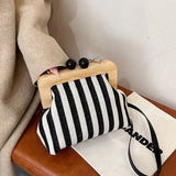 New Women's Bag Striped Canvas Wooden Clip Mouth Clutch Fashion Exquisite Internet Celebrity Same Style One-Shoulder Crossboby Bag