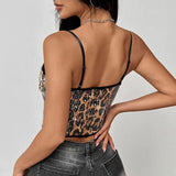 MOMENTLOVER autumn and winter new women's clothing Spice Girl style personalized sequins sexy lace leopard print suspender small vest women