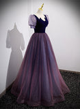 Solvbao Purple Velvet and Tulle Short Sleeves Evening Dress, Purple A-line Formal Dress Prom Dress