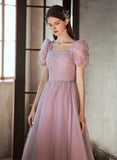 Solvbao Light Purple Tulle Long Formal Dress, A-line Tulle Short Sleeves Prom Dress