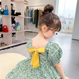 Girls' Princess Dress Summer New Bow Baby Korean Style Western Style Children Cotton Short Sleeve Floral Skirt 6300