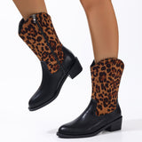 Plus Size Cross-Border High Heel Cowboy Boot Women's  New Leopard Print Stud for Autumn and Winter Leather Boots Mid Heel Pointed Toe Middle Boots Wholesale