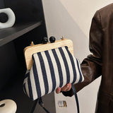 New Women's Bag Striped Canvas Wooden Clip Mouth Clutch Fashion Exquisite Internet Celebrity Same Style One-Shoulder Crossboby Bag