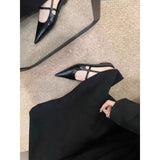 DEANWANGKT  Genuine Leather Pointed Stiletto Heels Ol Commuter Shoes Women's Spring and Summer New Low-Cut Flat Cat Heel Closed Toe Sandals