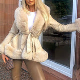 deanwangkt Fashion PU Leather Winter Warm Jackets WomenTie Belt Waist Long Coats Faux Fur Jackets Side Pockets Ladies Elegant Solid Coat