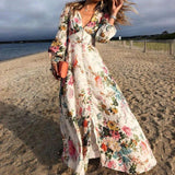 2021 spring and summer New new  romantic floral print deep v-neck long-sleeved pendulum maxi dress