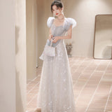 2025 Banquet evening dress skirt 2025 new blue  light luxury bubble sleeve birthday princess skirt adult dress skirt
