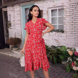 DEANWAQNGKT  Summer  New Sexy Chiffon Midi Dress Printed V-neck Dress Beach Dress