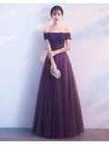 Solvbao Off Shoulder Purple Tulle with Lace Applique Party Dress, Purple Prom Dress