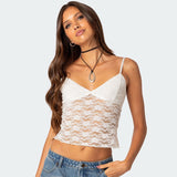 MOMENTLOVER Popular trade popular new V-neck suspender lace bow slim short T-shirt perspective sexy halter women's top