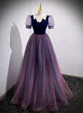 Solvbao Purple Velvet and Tulle Short Sleeves Evening Dress, Purple A-line Formal Dress Prom Dress