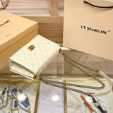 Hong Kong Genuine Leather Bag Classic Style Diamond Pattern Chain Bag Women's 204 Bag New Niche Shoulder Crossbody Small Square Bag