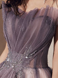 Solvbao Light Purple Tulle with Beaded A-line Party Dress, Purple Tulle Long Formal Dress