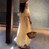 2025 Spot popular new national style design sense off-the-shoulder lace dress children's summer long dress temperament looks thin and trendy
