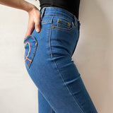 deanwangkt - Rainbow Love Heart Bell Bottom Jeans ~ HANDMADE