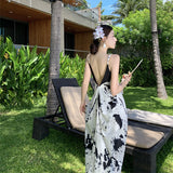 2025 New Chinese ink painting printing v-neck suspender chic dress women's summer seaside vacation style design long dress