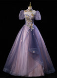 Solvbao Purple and Pink Tulle High Neckline Long Party Dress, Ball Gown Tulle Sweet 16 Dress