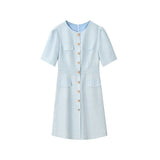 [Shengdu] 24 Spring and Summer New  Socialite Gentle Advanced Sweet Beauty Blue Classic Style Short Sleeve Dress