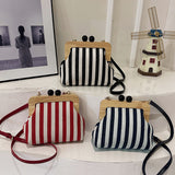 New Women's Bag Striped Canvas Wooden Clip Mouth Clutch Fashion Exquisite Internet Celebrity Same Style One-Shoulder Crossboby Bag