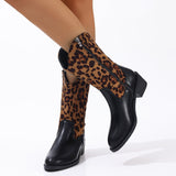 Plus Size Cross-Border High Heel Cowboy Boot Women's  New Leopard Print Stud for Autumn and Winter Leather Boots Mid Heel Pointed Toe Middle Boots Wholesale