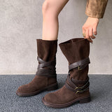 2025  Belt Buckle Medium Boots Women's Velvet Skinny Pile Boots Strap Western Cowboy Boots Brown Knight Boots