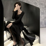 2025 high-end retro little black dress suspender sexy dress high-end seaside vacation halter dress long dress