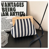 New Women's Bag Striped Canvas Wooden Clip Mouth Clutch Fashion Exquisite Internet Celebrity Same Style One-Shoulder Crossboby Bag