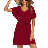 DEANWAQNGKT  Hot Sale Women's Summer Short Sleeve Beachwear Loose V-neck Bikini Waist Dress