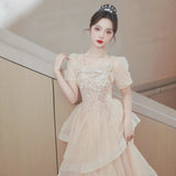 2025 Champagne evening dress women's 2025 new banquet temperament light luxury advanced sense vocal art test adult ceremony tutu skirt