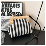 New Women's Bag Striped Canvas Wooden Clip Mouth Clutch Fashion Exquisite Internet Celebrity Same Style One-Shoulder Crossboby Bag