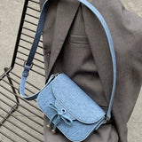 DEANWANGKT 2025 Simple solid color flip small square bag cute bow strap small bag Korean version retro denim girl messenger bag