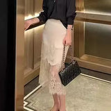 2025 popular summer splicing design lace skirt women's summer thin new high waist hip wrap long gauze skirt