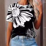 DEANWANGKT  European and American Women's Clothing Summer New Foreign Trade 3D Plant Flower Digital Printed round Neck Short Sleeve Women's T-shirt ME15