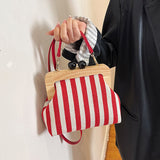 New Women's Bag Striped Canvas Wooden Clip Mouth Clutch Fashion Exquisite Internet Celebrity Same Style One-Shoulder Crossboby Bag