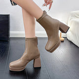 Square Toe Chunky Heel Temperament plus Size High-Heeled Boots with Short Tube Women's  Spring New  Martin Boots Fashion Leather Boots