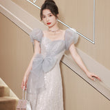 2025 Banquet evening dress skirt 2025 new blue  light luxury bubble sleeve birthday princess skirt adult dress skirt