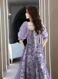 Solvbao Purple A-line Tulle Long Party Dress, Purple Lace Short Sleeves Formal Dress