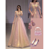 2025 One-word shoulder dress streamer skirt  new temperament long style banquet socialite host pink bridal toast dress