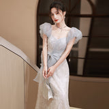 2025 Banquet evening dress skirt 2025 new blue  light luxury bubble sleeve birthday princess skirt adult dress skirt