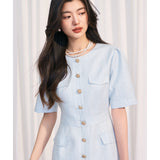 [Shengdu] 24 Spring and Summer New  Socialite Gentle Advanced Sweet Beauty Blue Classic Style Short Sleeve Dress