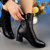 Soft Leather Skinny Boots Short Boots for Women  Autumn and Winter Fashion Mid Heel Mid-Calf Cotton Shoes plus Velvet Soft Bottom Mother Ankle Boots