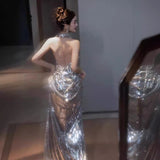 2025 Banquet evening dress  new silver sequined neck fishtail evening dress temperament bridal toast dress engagement dress