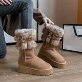 2025  Northeast snow boots women's winter velvet thickened popular new thick-soled medium tube cotton shoes fashionable versatile fluffy boots