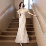 2025 One-word shoulder champagne birthday party evening dress women's light luxury niche 2025 new high-end host dress