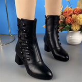 Soft Leather Skinny Boots Short Boots for Women  Autumn and Winter Fashion Mid Heel Mid-Calf Cotton Shoes plus Velvet Soft Bottom Mother Ankle Boots