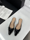 DEANWANGKT  Summer New Bow Mid Heel Stiletto Heel Muller Shoe Tip Half Slippers Women's plus Size High Heel Pumps Sandals