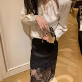 2025 popular summer splicing design lace skirt women's summer thin new high waist hip wrap long gauze skirt