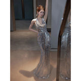 2025 Banquet evening dress  new silver sequined neck fishtail evening dress temperament bridal toast dress engagement dress